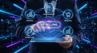 Businessman holding holographic up-selling interface with digital marketing icons and neon lights in futuristic technology environment for business growth.