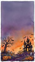 Watercolor Halloween scene with haunted house, spooky tree, flying bats, jack-o-lanterns and cemetery path against purple orange sunset sky for seasonal designs.