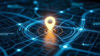 Glowing GPS location pin on futuristic digital map with blue circuit patterns and navigation interface for technology and mapping applications.