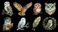 Owl collection featuring eight different species in various poses, isolated on transparent background. Ready for t-shirt design, clipart, stickers, sublimation, print-on-demand products and digital crafts.