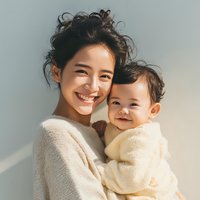Happy Asian mother holding smiling baby outdoors in soft natural light. Warm family bonding moment with curly-haired woman and infant in cozy sweaters.