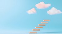 Minimalist floating staircase steps ascending into bright blue sky with fluffy white clouds, symbolizing growth, progress and aspirations in business concept.