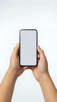 Hands holding modern smartphone with blank white screen for mockup presentation on clean white background for app development and marketing.