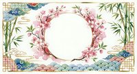 Asian-inspired floral frame with cherry blossoms, bamboo and traditional patterns. Elegant border design for invitations, cards and decorative projects.
