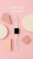 Smartwatch with pink silicone band on pastel pink background with geometric shapes and limited offer text for social media promo.