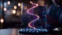 Glowing spiral DNA helix structure in glass cylinder with futuristic blue lighting and bokeh background, scientific genetic research visualization.