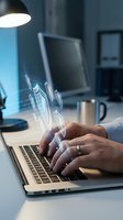 Businessman hands typing on laptop with holographic data visualization and binary code in modern office workspace for digital transformation concepts.