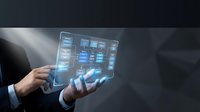 Businessman using futuristic holographic interface with digital data panels and touch screen technology for business analytics and innovation.