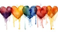 Watercolor rainbow hearts in a row with paint drips and splashes, artistic love symbols on white background for Valentine's Day designs and romantic projects.