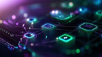 Glowing microchip processors connected by digital pathways on dark circuit board with purple and turquoise lighting effects, macro view showing technology connections.