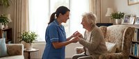 Compassionate female healthcare worker in blue scrubs providing gentle care and support to elderly Caucasian woman patient in comfortable home setting.