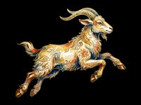 Leaping goat with ornate golden floral patterns, isolated on transparent background. Ready for t-shirt design, stickers, print on demand, and sublimation clipart.