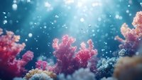 Vibrant pink coral reef underwater with floating particles and dreamy blue water background creates magical marine atmosphere for nature and ocean designs.