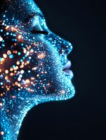 Profile silhouette covered in luminous blue and orange glitter particles against dark background, creating magical cosmic effect for beauty and fashion designs.