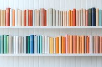 Colorful book spines arranged in rainbow order on white wooden shelves against white wall, creating minimal aesthetic composition for library or home decor.