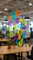 Neon glowing innovation icons including lightbulbs, gears, rockets, and arrows displayed on glass in modern office workspace, representing creativity and business growth.