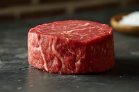 Raw beef tenderloin steak with marbled texture on dark stone background, fresh premium cut meat ready for cooking, close up view with selective focus.