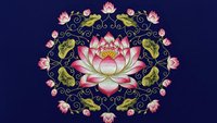 Ornate lotus flower mandala with decorative floral border on dark blue background. Spiritual meditation design for wellness and mindfulness projects.