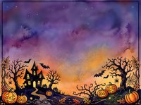 Haunted house silhouette with jack-o-lanterns, bare trees, and bats against purple and orange gradient sky. Halloween watercolor artwork for seasonal designs and festive decorations.