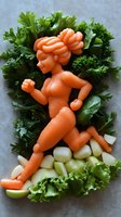 Creative food art featuring carved carrot shaped as running woman figure on bed of fresh lettuce and sliced apples, showcasing culinary artistry and healthy eating.