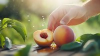 Fresh ripe peach cut in half showing pit on wooden surface with green leaves and sunlight, hand reaching for whole peach in dreamy garden setting.