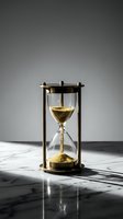 Vintage brass hourglass with golden sand flowing on marble surface against gradient background symbolizing time management and deadline concepts.