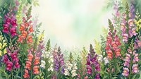 Watercolor snapdragon flowers in pink, purple, orange and white frame a soft green background, perfect for cards and prints.