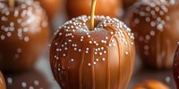 Caramel candy apples decorated with white sugar pearls on dark background. Close up view of festive autumn dessert with golden brown coating.