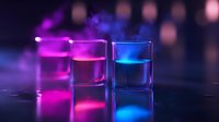 Glowing shot glasses with vibrant pink and blue neon liquid on dark reflective surface against blurred bokeh background, creating modern party atmosphere.