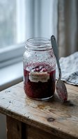 Homemade raspberry jam in vintage mason jar with handwritten label and spoon on rustic wooden table by window for kitchen and food preservation concepts.
