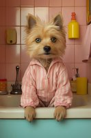 Tan and cream colored small dog breed wearing pink striped shirt sitting in bathroom sink with pink tiled wall and toiletries, humorous pet portrait.