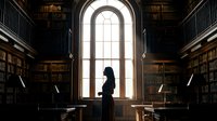Woman silhouette standing in grand library with arched window, surrounded by wooden bookshelves. Dramatic lighting for education, knowledge, learning, literature concepts.