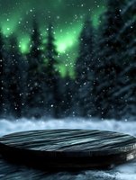 Mystical wooden platform against northern lights sky with falling snow creates atmospheric scene for product photography and winter promotions.