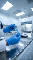 Scientist hands in blue latex gloves holding test tube with liquid sample in modern sterile laboratory for medical research and chemical analysis.