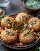 Crispy puri served with spicy chutney, chickpeas, red onions and fresh cilantro garnish on rustic ceramic plate, traditional Indian street food appetizer.