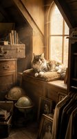 Fluffy tabby and white cat resting on cushioned window seat in vintage attic room filled with antique furniture, globes, books, and warm sunlight streaming through arched window.
