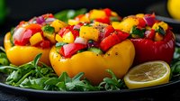 Colorful bell peppers stuffed with fresh mango salsa on bed of arugula leaves, garnished with lemon slice. Healthy vegetarian appetizer for summer menu.