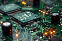 Macro shot of electronic circuit board with integrated microchip, capacitors and golden connection paths illuminated by warm bokeh lights creating tech atmosphere.