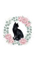 Black cat silhouette surrounded by pink peonies and eucalyptus leaves in circular wreath design. Isolated on white background, ready for home decor, apparel, and greeting card designs.