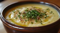 Creamy potato leek soup garnished with fresh chopped herbs and cracked black pepper in rustic brown ceramic bowl, comfort food styling for restaurant menu.
