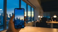 Hand holding smartphone displaying city skyline at dusk from modern office window, suitable for technology, business, and urban lifestyle content.