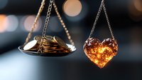 Golden balance scales weighing coins against glowing amber heart symbolizing love versus money choice in romantic relationships and financial decisions.