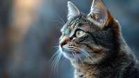 Striking close-up portrait of tabby cat with bright yellow eyes gazing intently to side against blurred background, showing detailed fur texture and alert expression.
