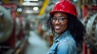 Young African American female engineer wearing red hard hat and glasses smiles confidently in industrial manufacturing facility with machinery in background.