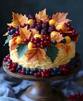 Festive autumn cake decorated with fresh berries, orange maple leaves, and buttercream frosting on wooden cake stand against dark background. Food photography.