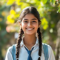 Young South Asian female student with braided hair and school uniform smiling outdoors in natural sunlight against blurred green foliage background.