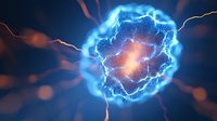 Glowing blue energy sphere with lightning bolts and plasma effects against dark background, orange light bursts radiating outward creating dramatic sci-fi atmosphere.