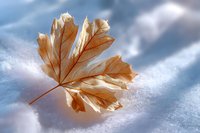 Delicate dried maple leaf resting on fresh white snow with soft blue winter sky background, showcasing natural light and seasonal transition. Perfect for winter themes.