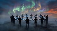 Business team holding hands in circle under aurora borealis with financial growth charts, symbolizing unity and success in corporate collaboration.