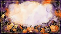 Halloween frame with carved pumpkins, autumn leaves and swirls on purple background. Festive border for seasonal designs, invitations and decorations.
